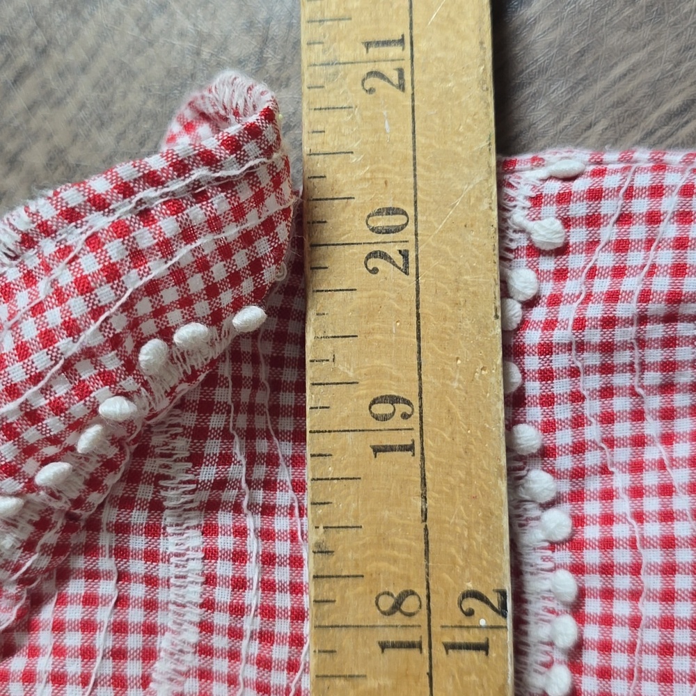 LAYERZ Red and White Gingham V Neck Checkered Top Sz S Pom Pom Detail - Picture 4 of 5